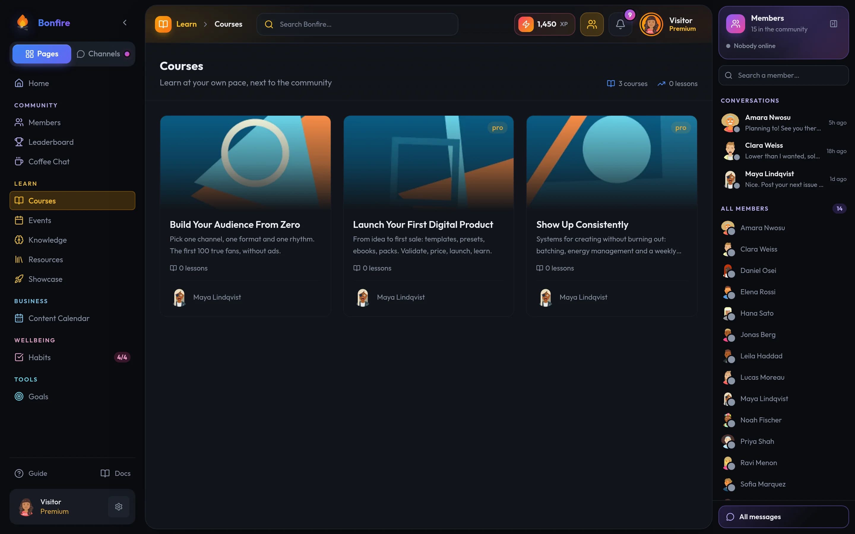 Bonfire Courses screen