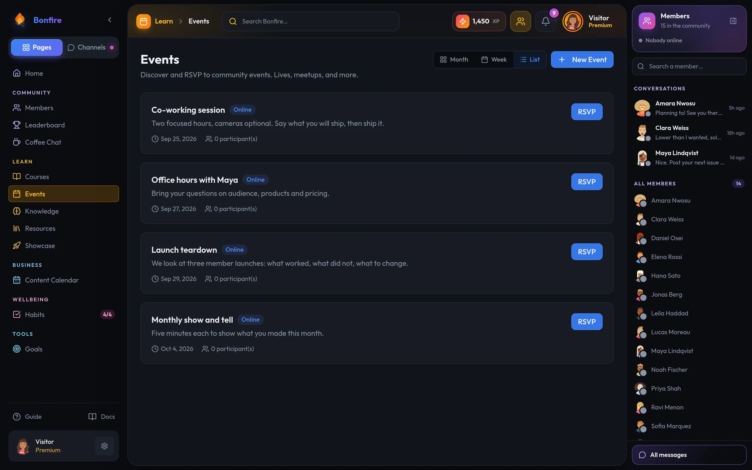 Bonfire Events screen