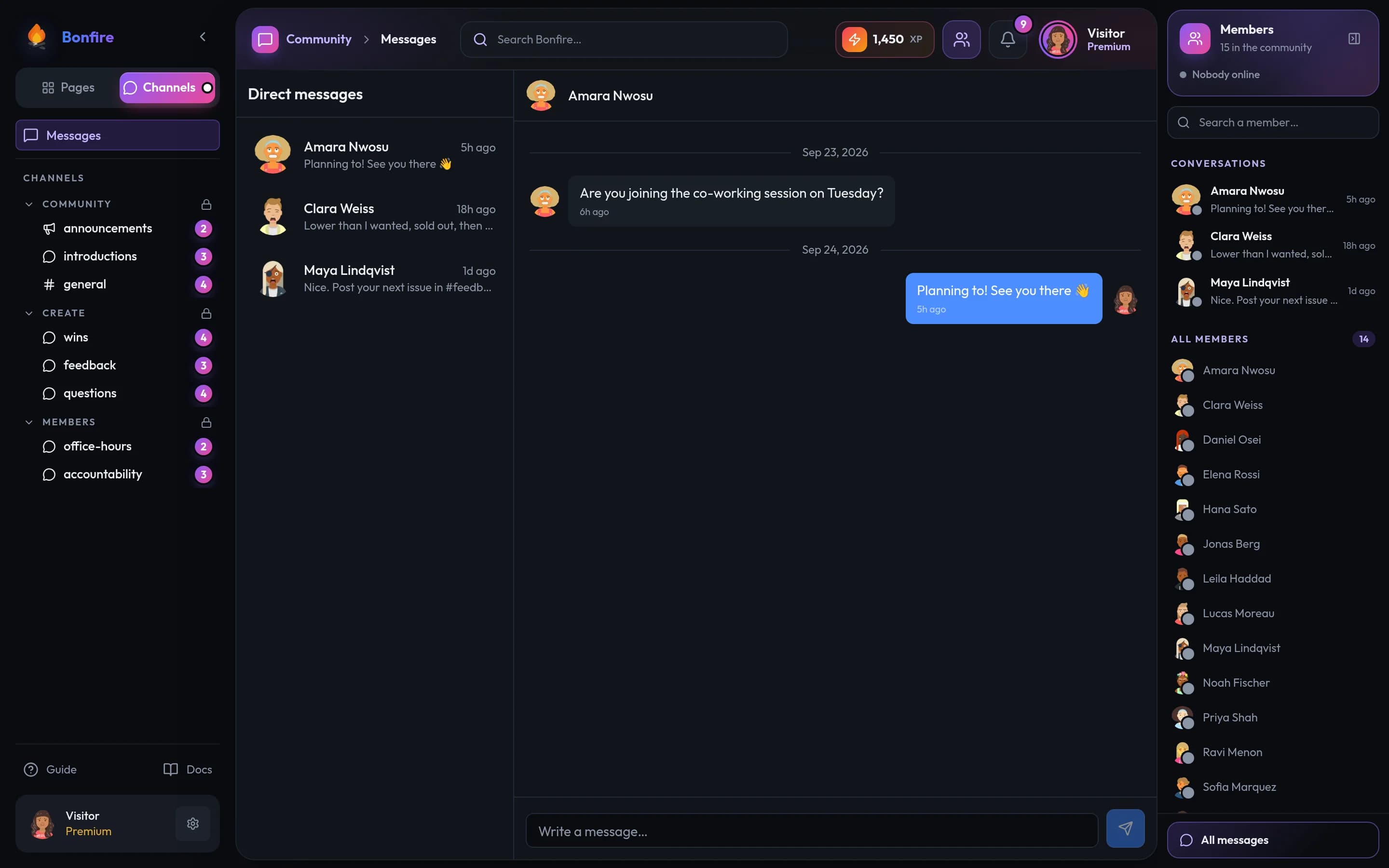 Bonfire Messages screen
