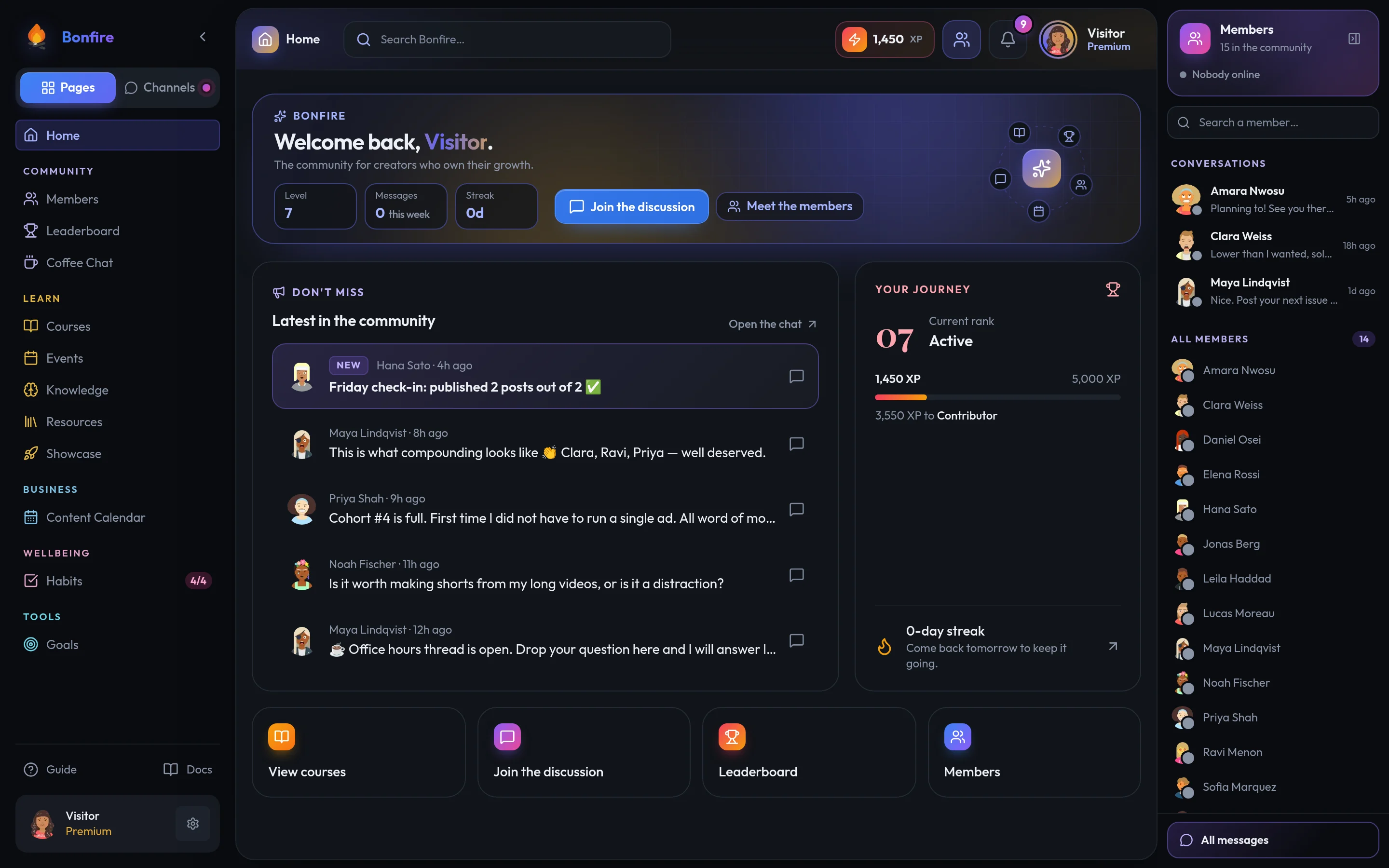 The Bonfire member home: welcome banner, latest posts, level and streak